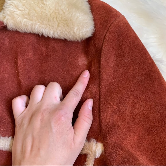 RARE vintage 70s burnt orange genuine suede Sherpa retro coat size XL - Picture 8 of 16